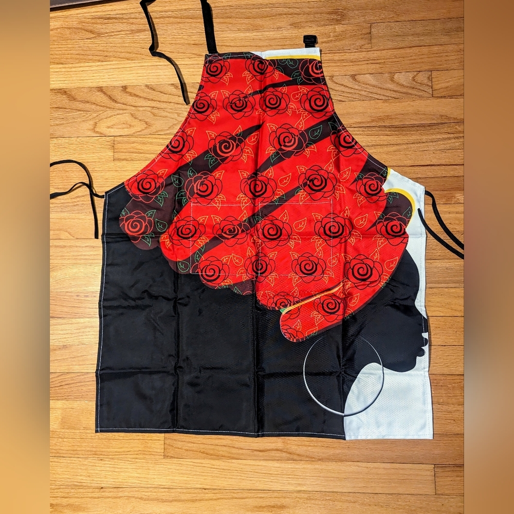 African Woman Red Rose Turban Water Resistant Kitchen Apron Pockets Straps